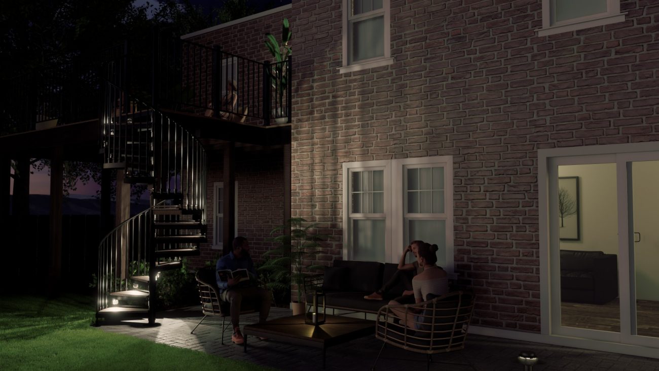 exterior evening scene with lit spiral stairs